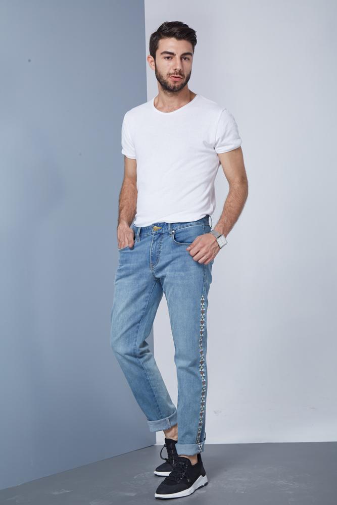 Jeans Men Pants Denim With Side Stripes Leisure Light Blue