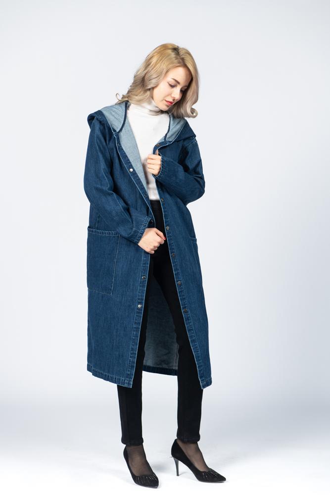 Jeans Women Denim Jacket Long Coat with Hood Outwear