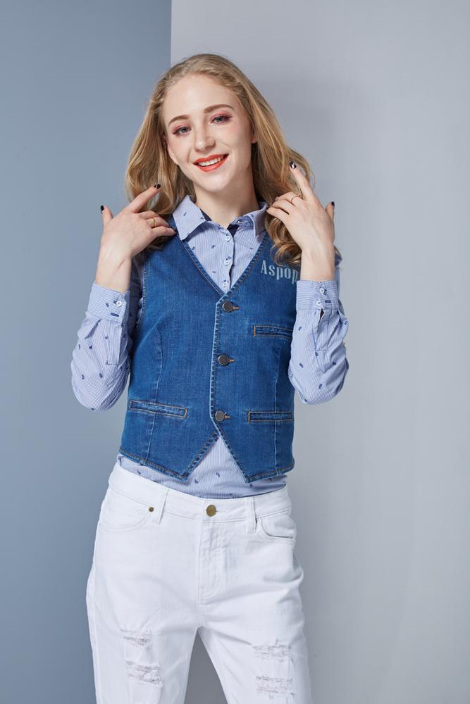 Jeans Women Vest Denim Vintage Armless V-neck with Pocket