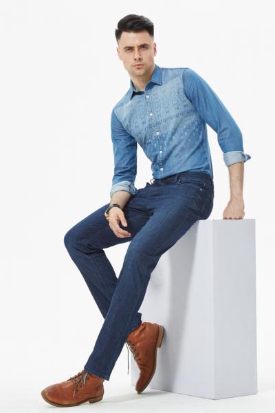 Jeans Men Shirts Long Sleeve Cotton Casual Laser Print Full Buttons Anti Wrinkle