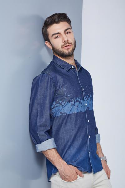 Jeans Men Long Sleeve Denim Business Shirt Regular Fit Stand Collar