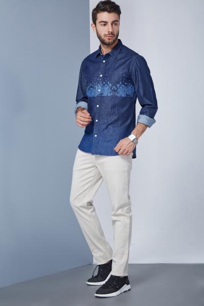Jeans Men Long Sleeve Denim Business Shirt Regular Fit Stand Collar