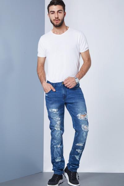 Jeans Men Pants Destroyed Ripped Stretch Laser Print
