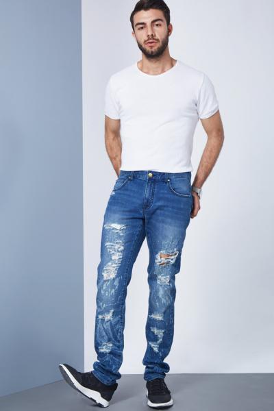 Jeans Men Pants Destroyed Ripped Stretch Laser Print