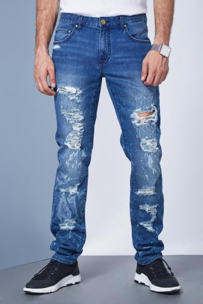Jeans Men Pants Destroyed Ripped Stretch Laser Print