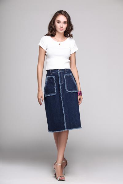 Jeans Women Denim Skirt With Pockets Ripped Rough Hem Button 1