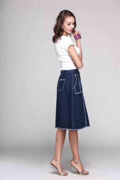 Jeans Women Denim Skirt With Pockets Ripped Rough Hem Button 2