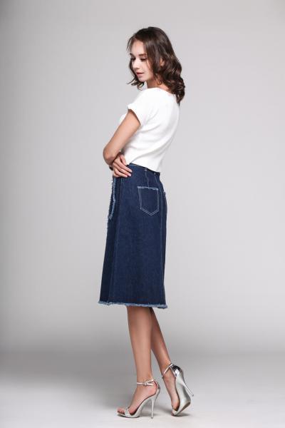 Jeans Women Denim Skirt With Pockets Ripped Rough Hem Button 4