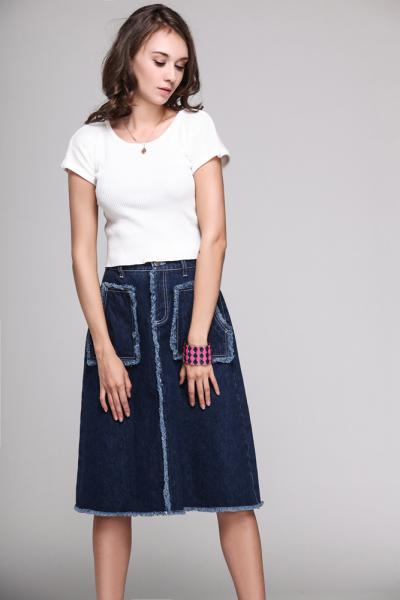 Jeans Women Denim Skirt With Pockets Ripped Rough Hem Button 5