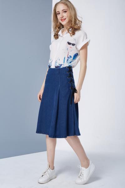 Jeans Women Denim Skirt Casual Fashion Medium Long With Side String Closure 2