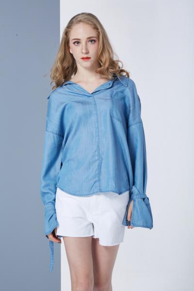 Jeans Women Denim Blouse Adjustable Tunic Shirt Light Blue Casual