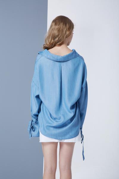 Jeans Women Denim Blouse Adjustable Tunic Shirt Light Blue Casual 2