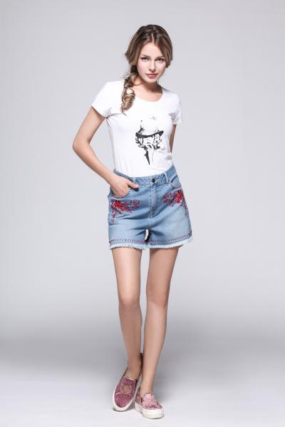 Jeans Women Denim Shorts with Light Fringed Design and Embroidery