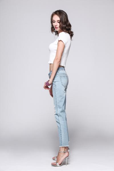 Jeans Women Denim Pants Casual Summer Stretch Medium Waist Destroyed Ripped Raw Hemline 