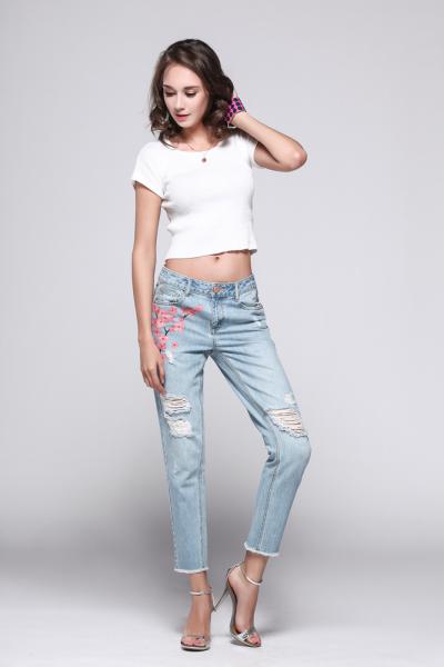 Jeans Women Denim Pants Casual Summer Stretch Medium Waist Destroyed Ripped Raw Hemline 
