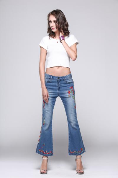 Jeans Women Denim Pants Fashion Elegant Embroidery on The Hemline