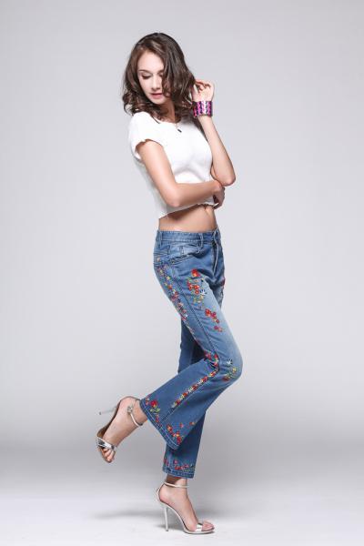 Jeans Women Denim Pants Fashion Elegant Embroidery on The Hemline