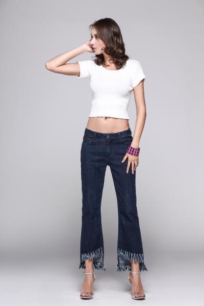 Jeans Women Denim Pants Low Waistband and Fringed Design Hemline