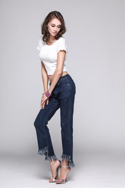 Jeans Women Denim Pants Low Waistband and Fringed Design Hemline