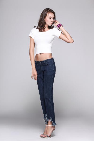 Jeans Women Denim Pants Low Waistband and Fringed Design Hemline