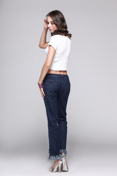 Jeans Women Denim Pants Low Waistband and Fringed Design Hemline