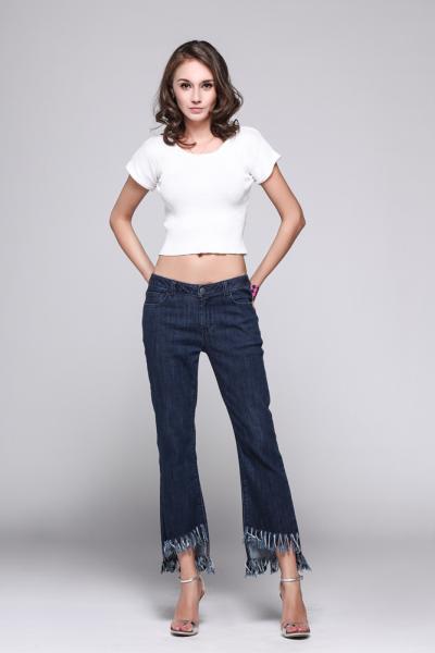 Jeans Women Denim Pants Low Waistband and Fringed Design Hemline