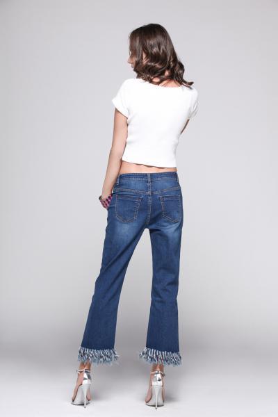 Jeans Women Denim Pants Middle Waistband and Fringed Design Hemline