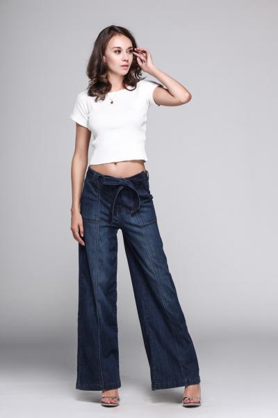 Jeans Women Denim Pants With Self Fabric Drawstring Style 