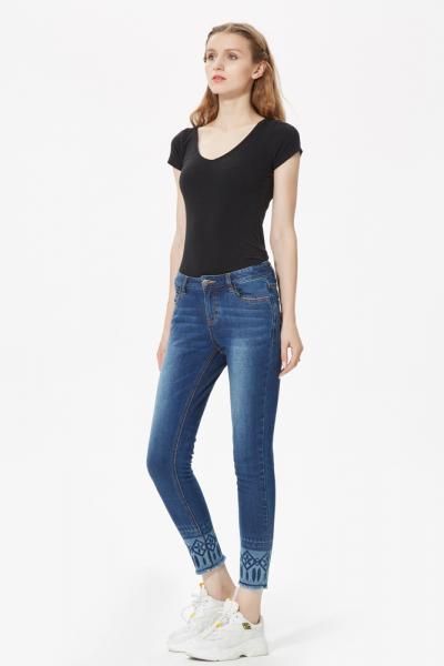 Jeans Women Denim Pants Slim Legs With Elegant Laser Printing At Hemline 