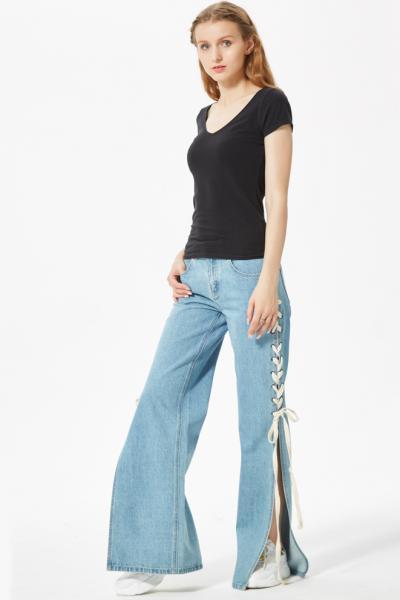 Jeans Women Pants Denim With High Slit And Side String Closure Oceanblue 