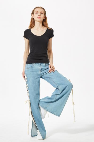 Jeans Women Pants Denim with High Slit and Side String Closure Oceanblue
