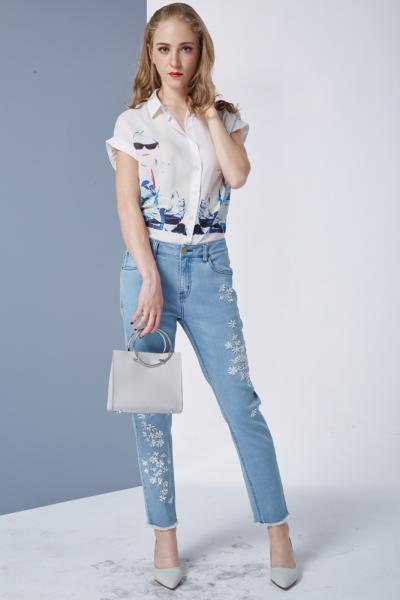 Jeans Women Denim Pants With Elegant Solid Color Embroidery 