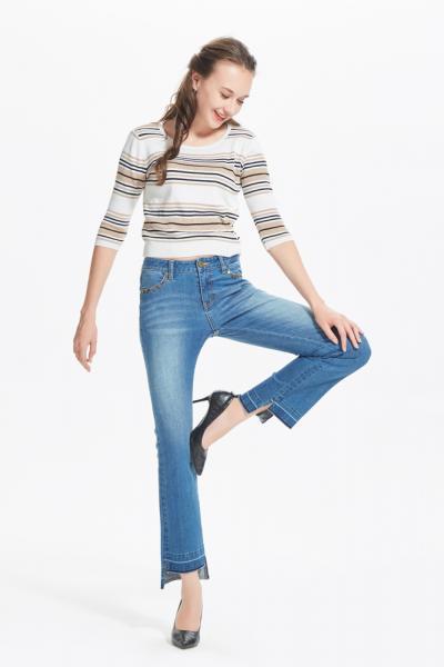 Jeans Women Denim Pants Slim Fit Used Look Raw Bottom 