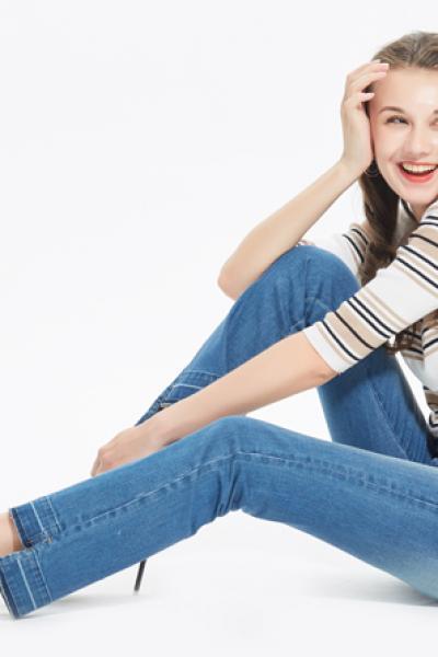 Jeans Women Denim Pants Slim Fit Used Look Raw Bottom 