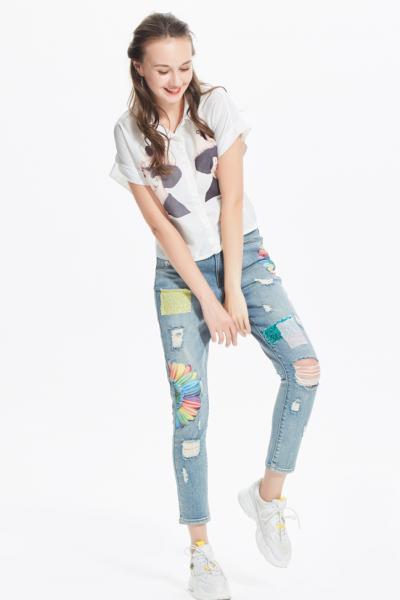 Jeans Women Denim Pants Ripped Destroyed Straight With Holes 