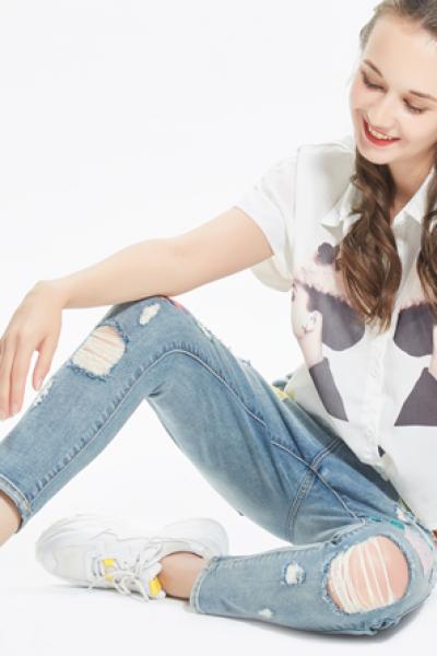 Jeans Women Denim Pants Ripped Destroyed Straight With Holes 