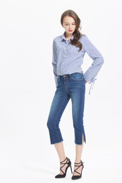 Jeans Women Denim Pants Leisure Fit Middle Waist Shorted Slim Legs and Slit Hemline