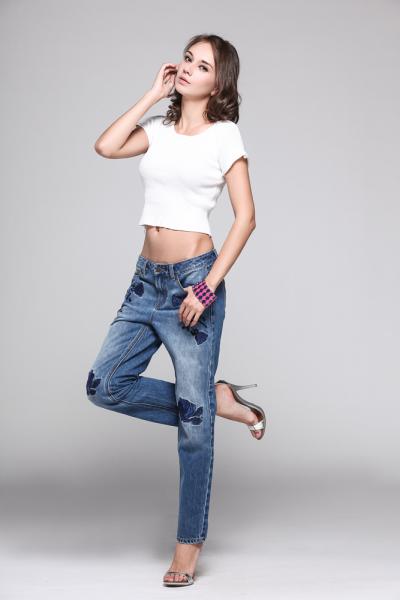 Jeans Women Denim Pants Straight Parallel Color Matching Embroidering