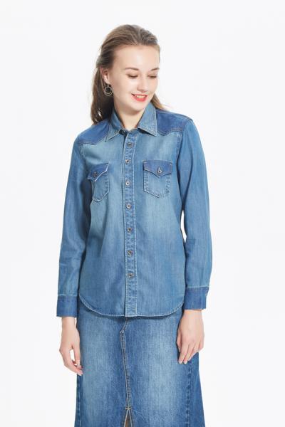 Jeans Damen Bluse Langarm Umlegekragen Button Down Shirt