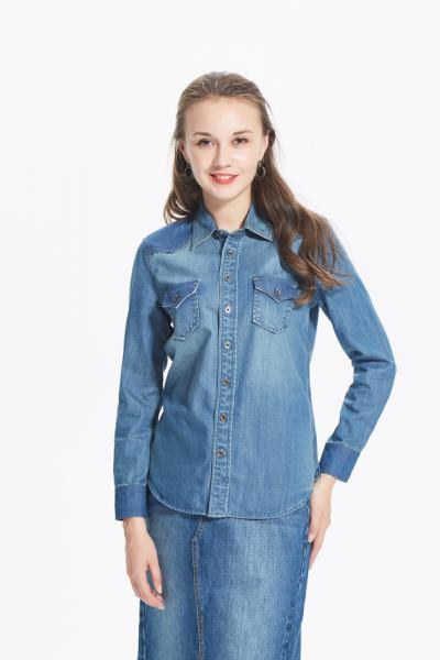 Jeans Damen Bluse Langarm Umlegekragen Button Down Shirt