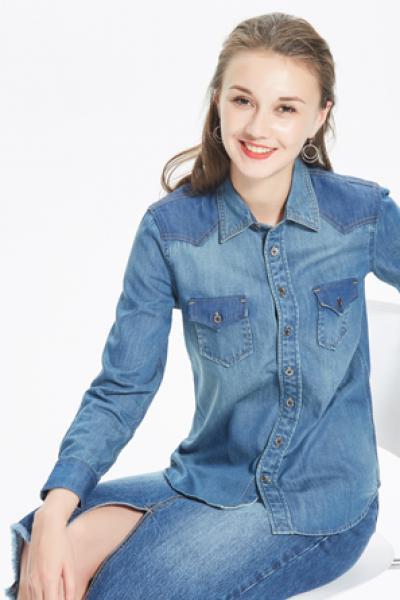 Jeans Damen Bluse Langarm Umlegekragen Button Down Shirt