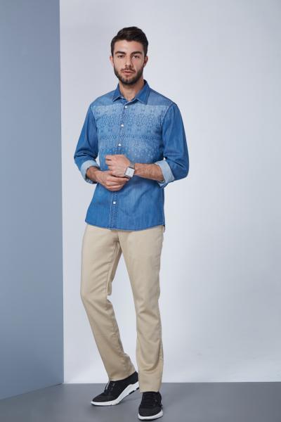 Jeanshemd Herren mit Muster Laessig Langarm Button Down Blumendruck Casual 