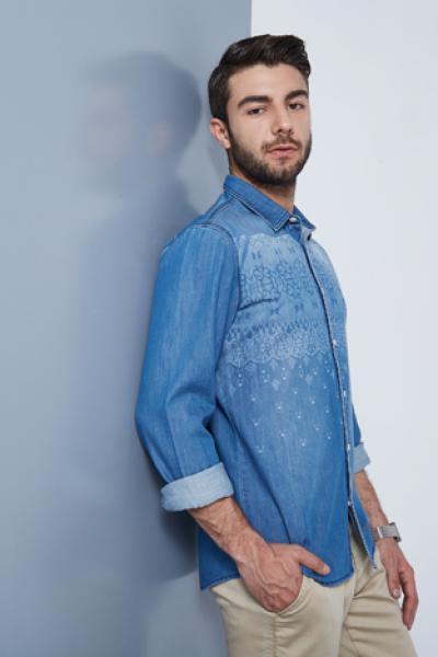 Jeanshemd Herren mit Muster Laessig Langarm Button Down Blumendruck Casual 