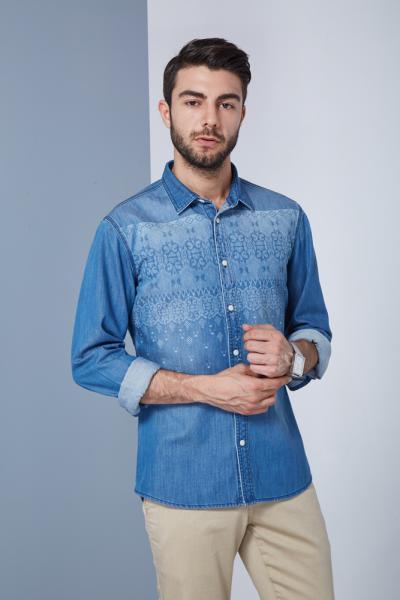 Jeanshemd Herren mit Muster Laessig Langarm Button Down Blumendruck Casual 